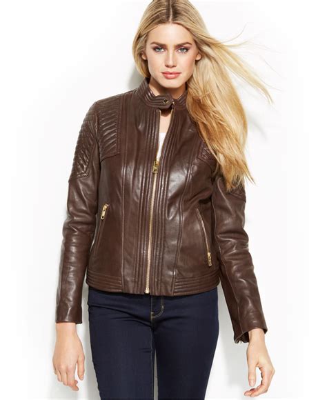 michael kors leather jacket brown|michael kors leichte daunenjacke damen.